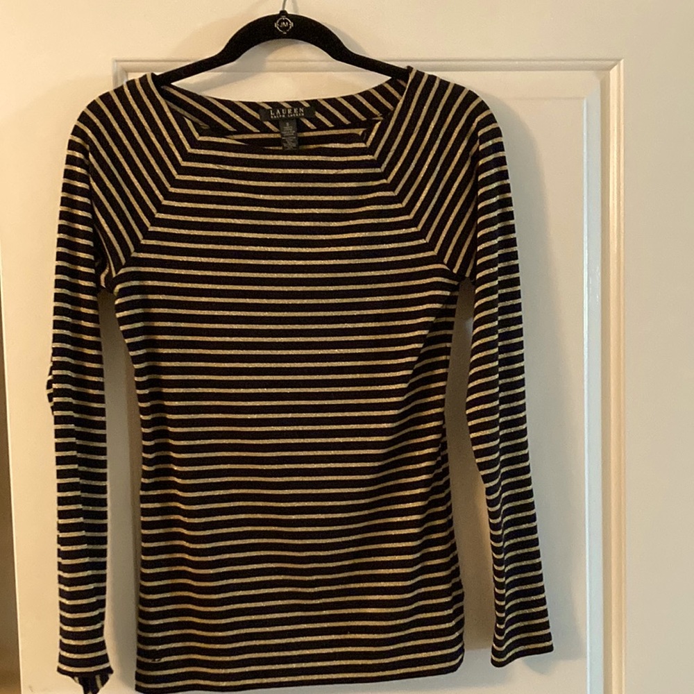 Lauren Ralph Lauren women’s top sz S long sleeve boat neck black wgold metallic